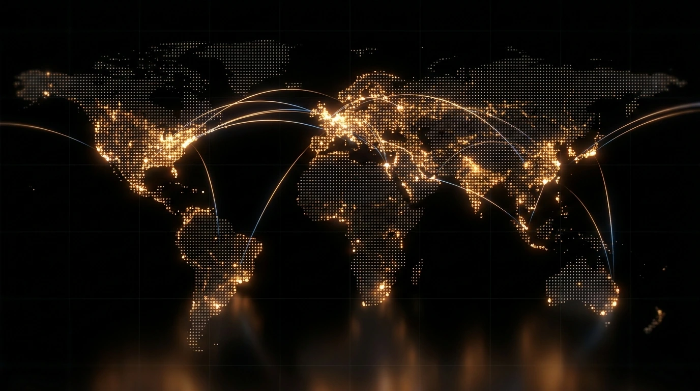 Dark world map showing BuyBTCVPS datacenter hubs linked by glowing amber network arcs