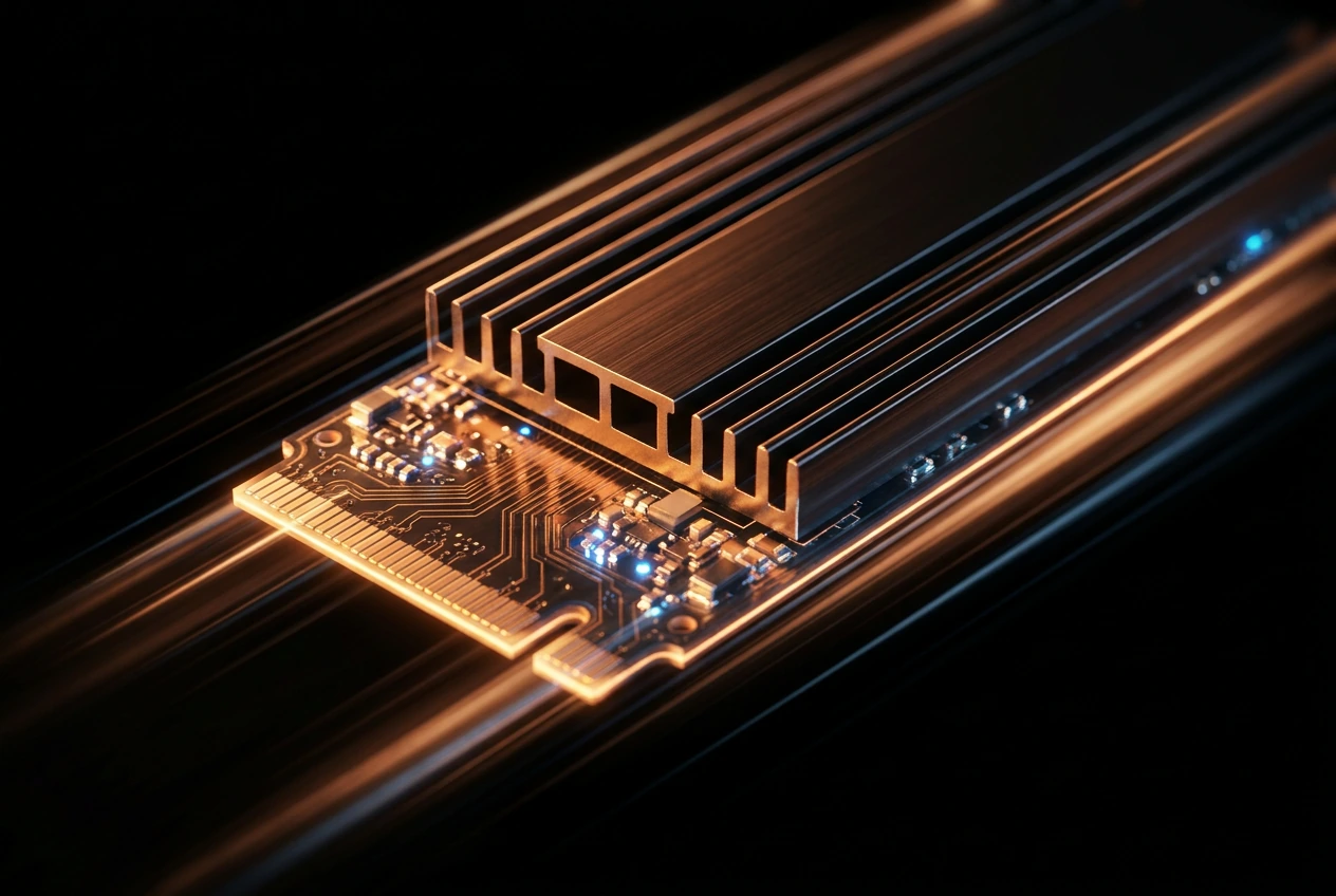 Macro shot of an amber-lit NVMe SSD module with data streaking past at speed