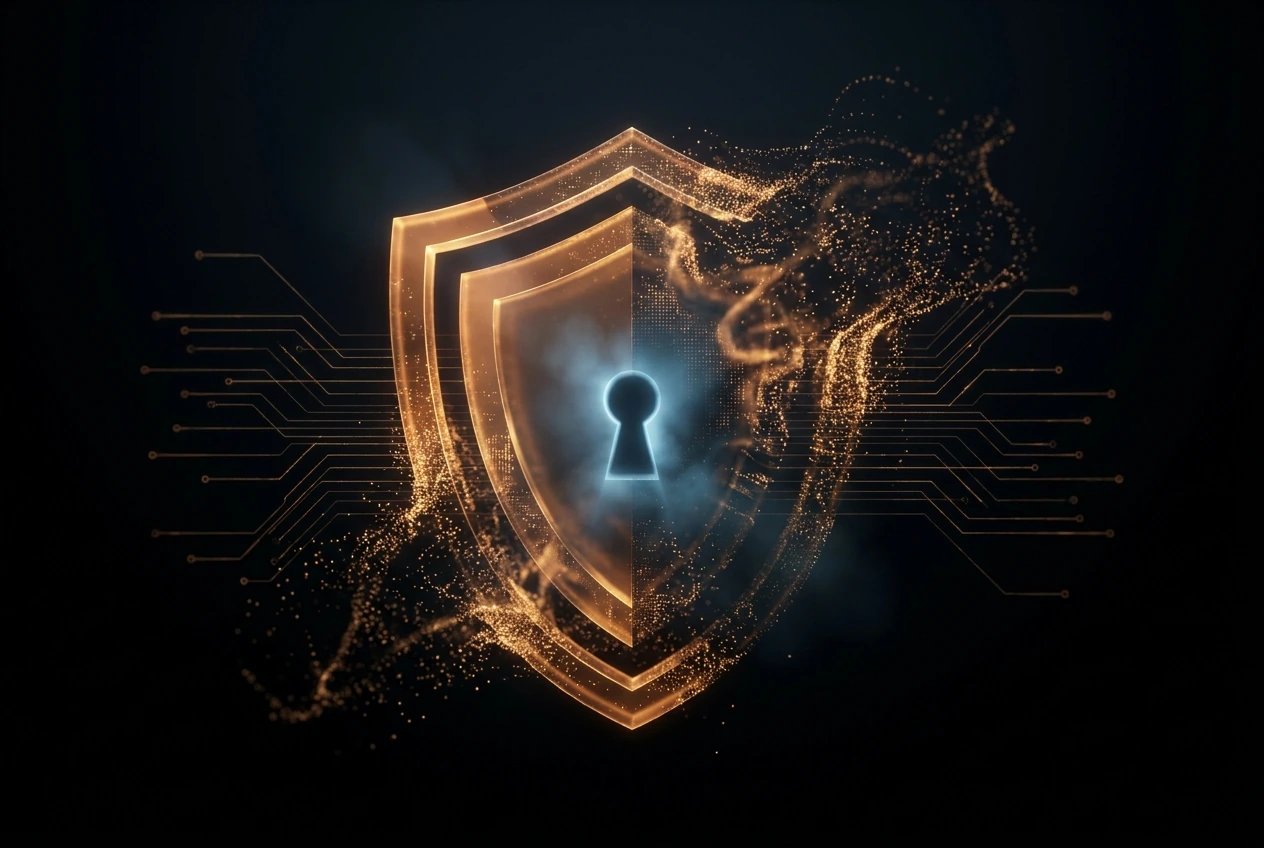 Abstract amber security shield dissolving into encrypted data streams